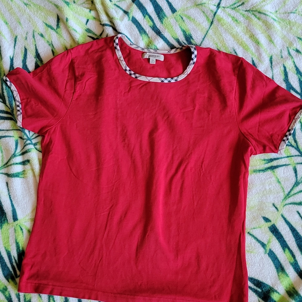 BURBERRY $195 Check Trim Sleeve Cuffs Cotton Tee top shirt women's